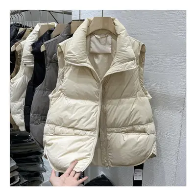 (beige, XXL) Short Down Cotton Vest Women Spring Autumn Winter Loose Fitting Outer Jacket Female