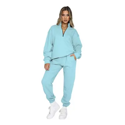 (sky blue, XXL) Autumn Winter Sweatsuit Solid Zip Stand Neck Pullover Long Sleeve Two-piece Pant