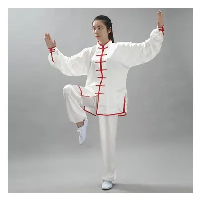 (white,red, M) 2pcs/set Unisex Button Placket Shirt Loose Solid Color Chinese Traditional Tai Ch