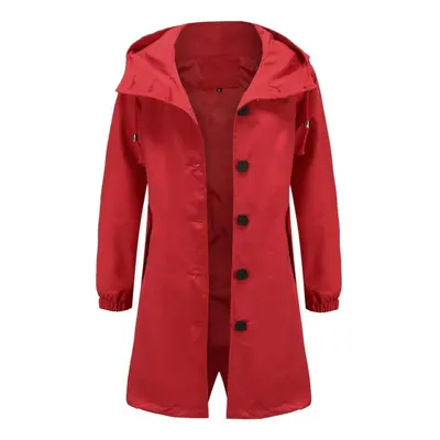 (red, 2XL) Windcheater For Women Hooded Button Loose Oversize Casual Windbreaker Waterproof Outw