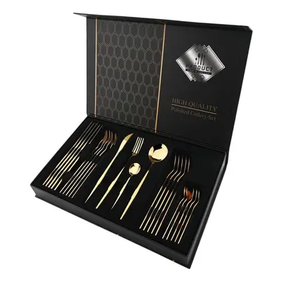 (gold, 24pcs with box) Luxury 24pcs Rose Gold Dinnerware Set Knife Fork Spoon Cutlery Set With G