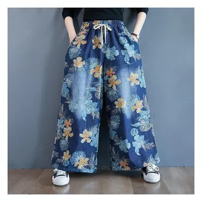 (blue, XXL) Harem Pants Female High Waist Loose Women Denim Pants Autumn Fashion Print Jeans Fem