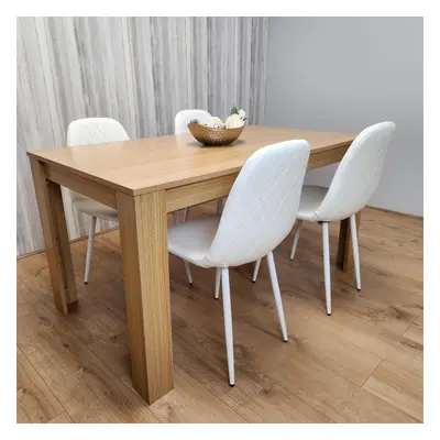 Wooden Dining Table with white Gem Patterned Chairs Oak Effect Table with white Chairs