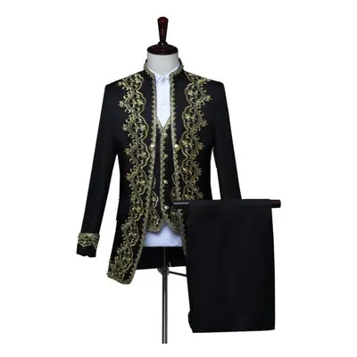 (black, XL) Men&apos;s Wedding Suit Medieval Jacket+vest+pants Pieces Retro Costume Military Bla