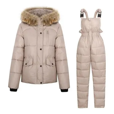 (khaki, XXL) Women Winter Short Hooded Glossy Windproof Waterproof Coat Two Pieces Suit Puffer J