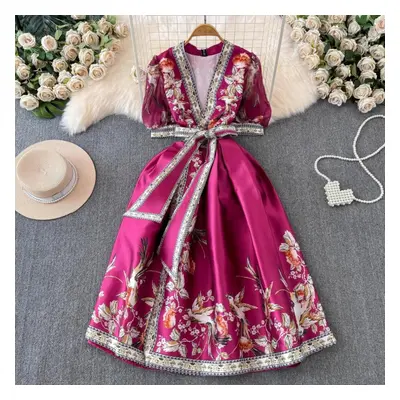 (red, M) Summer Bohemian Flower Print Long Dress Women V-neck Puff Sleeve Vintage Print Bandage 