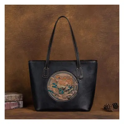 (black, 38*28.5*12cm) Totem Embossing Vintage Design Women Handbags Genuine Leather Shoulder Bag