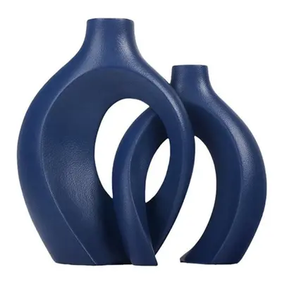 (blue) 2pcs Modern White Ceramic Vase For Home Decor, Circle Matte Hollow Flower Vases Nordic Bo