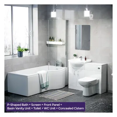 Warton P-Shaped Right Handed Bath, 550mm Vanity Basin Unit, WC Unit and Curved BTW Toilet Suite 