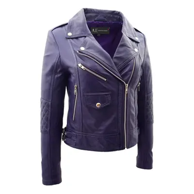 (Purple, 8) Womens Leather Biker Jacket Purple Trendy Slim Fit Designer Ayla