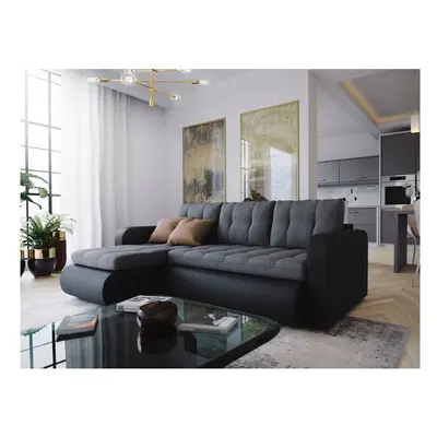 (Grey/Black) Corner Sofa Bed With Storage Fabric & Faux Leather