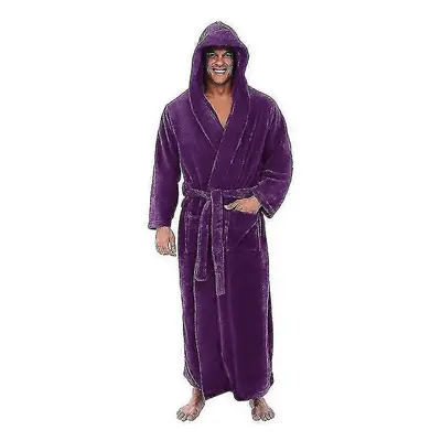 (XL, Purple) Flannel Male With Hooded, Thick Warm Gown Robe, Bathrobe Extra Long Kimono