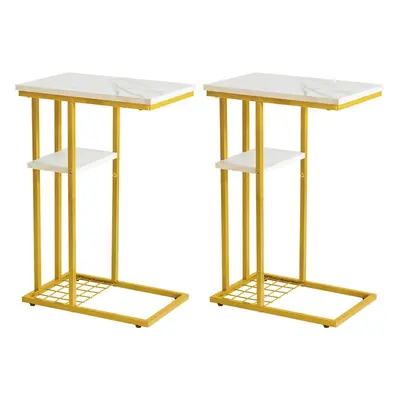 (Marble Pattern White and Gold, 2) C-Shaped End Table Set of 2, Side Table for Sofa and Bed, Cof