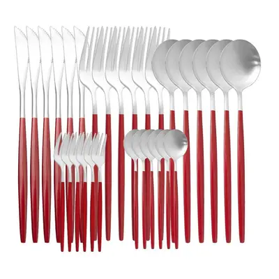 (red,silver) 30pcs Matte Green Gold Cutlery Set Flatware Stainless Steel Dinnerware Kitchen Silv