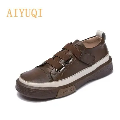 (brown, 42) Women&apos;s Vulcanized Shoes Flat New Genuine Leather Women&apos;s Sneakers Retro L