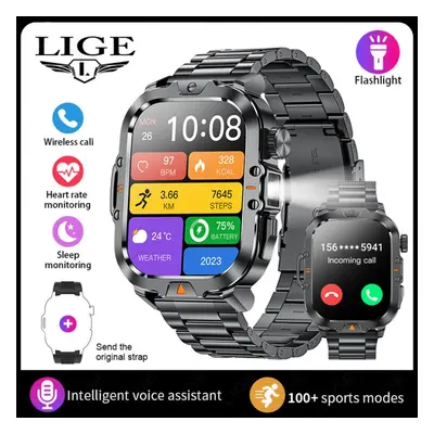 (black, Steel strap) Lige Led Flashlight Smart Watch 2.01" Tft Large Screen Sports Fitness Healt