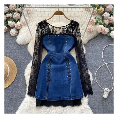 (deep,blue, L) Autumn Europe And The United States Wind Design Sense Retro Denim High Waist Long