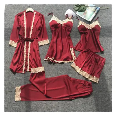 (wine red, L) Summer New Thin Section Pcs Women Pajama Set Lace Sexy With Chest Pad Spaghetti St