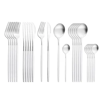 (white,silver) 24pcs Gold Matte Cutlery Set Stainless Steel Dinnerware Set Silver Knife Fork Spo