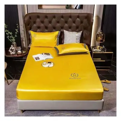 (yellow, 200*220cm) Summer Luxury Imitated Satin Silk Bed Sheet Solid Color Bedding Mattress Cov