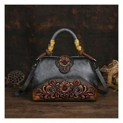 (gray) Johnature Luxury Handbag Vintage Handmade Leather Carved Women Bag Versatile Female Shoul