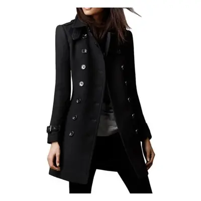 (black, M) Women Autumn Winter Lapel Long Sleeve Woolen Coat Double Breasted Solid Color Mid-len