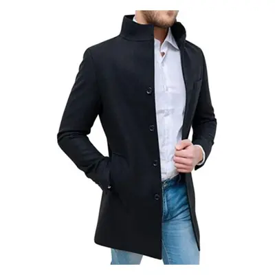 (black, L) Men Stand Collar Long Sleeve Woolen Coat Single Breasted Pockets Mid-length Casual Wi