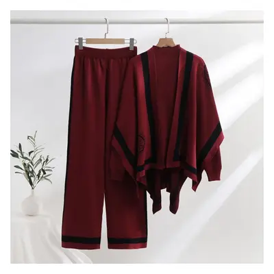 (red, One Size) Elegant Floral Stamp Knitted Three-piece Suit Autumn Winter Knit Top And Wide Le