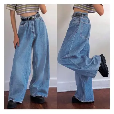 (light blue, L) Border Wide Leg Pants For Classic High-waisted Jeans And Loudspeaker Pants