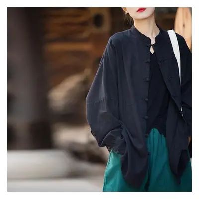 (One Size, black) Johnature Women Chinese Style Linen Shirts Tops Stand Long Sleeve Blouses Spri