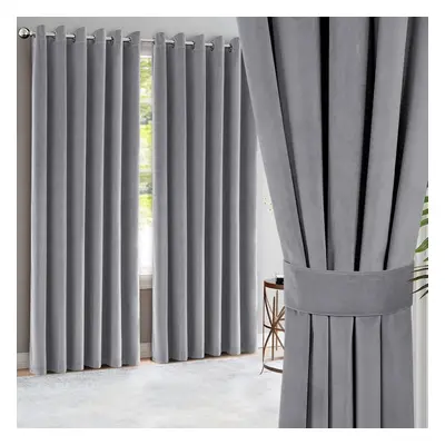 (Grey, 90"x90") Heavy Velvet Curtains Eyelet Ring