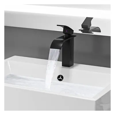 Waterfall Basin Mixer Tap with 114mm Spout Height, Black Bathroom Tap with Hot and Cold Water Av