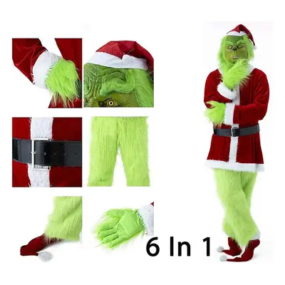 (L, Full set) In Christmas Grinch Green Monster Costume Adult Santa Suit Set Xmas Party