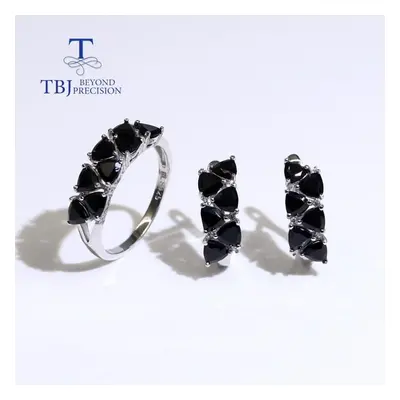 (black, Us ring size 7#) Natural Black Spinel Jewelry Set Real Black Gemstone Clasp Earring And 