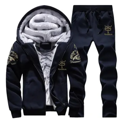 (blue, XXL) Thick Tracksuit Men Autumn Winter Warm Casual Men&apos;s Set Printing Hooded Jacket 