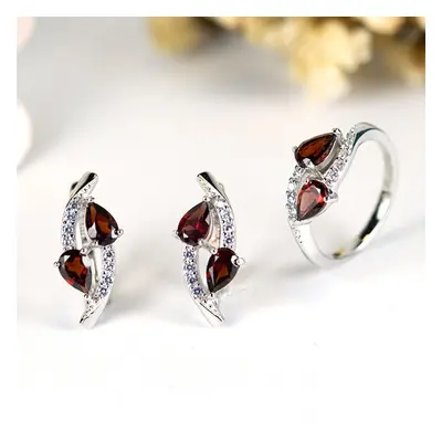 (red, Us ring size 9#) Natural Garnet Jewelry Sets Kits Sterling Silver Clasp Earrings Ring Pe 6