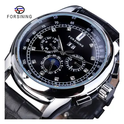 (black,silver) Forsining Moon Phase Shanghai Movement Rose Gold Case Brown Genuine Leather Strap