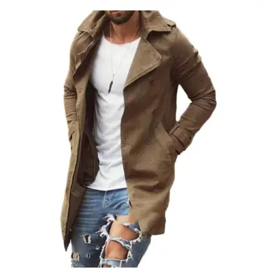 (khaki, XL) Men Autumn Coat Solid Color Slim Fit Mid Length Lapel Plus Size Pockets Long Sleeve 