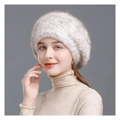 (white,brown, one size) Fashion Mink Fur Hat Winter Knitted Beret