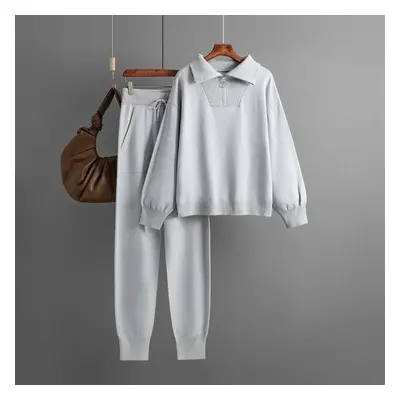 (light gray, OneSize) Polo Collar Sweater Suits Women Autumn Winter Loose Knitting Two-piece Set