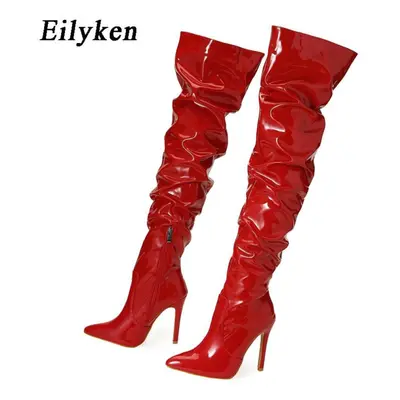 (red, 37) Eilyken High Quality Pleated Patent Leather Motorcycle Over The Knee Boots Women Fashi