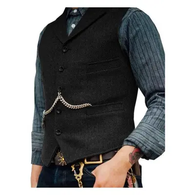 (black, L) Men&apos;s Suit Vest Brown Herringbone Wedding Waistcoat Steampunk Style