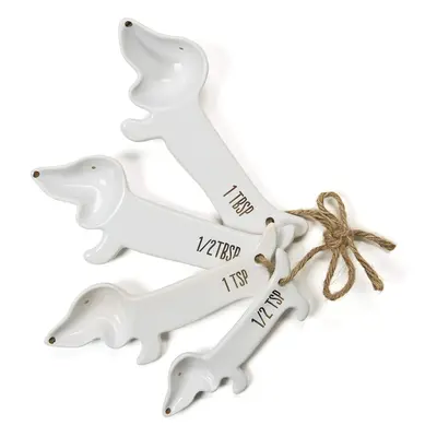 White ceramic Dog Themed Kitchen Utensils: Measuring cups and Spoons, Spoon Rest for countertop 