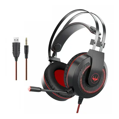 (Red) Gaming Headset Wired 3.5mm Jack 50mm Bass Stereo Sound LED Light Headphone with Mic for PS