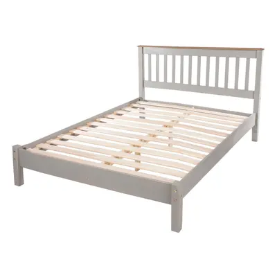 Double Grey Washed 4ft6 Slatted Low End Solid Pine Bedstead Bed Frame With Slats