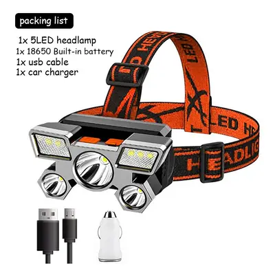 (C Packing) 5LED with Built-in Battery USB Rechargeable Portable Flashlight Lantern Headlamp Out