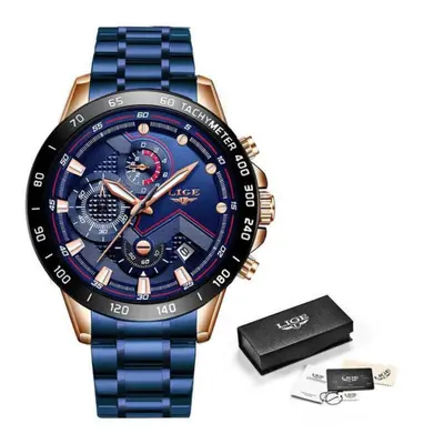 (Black Blue) Lige Luxury Fashion Sports Chronograph Quartz Men Watch