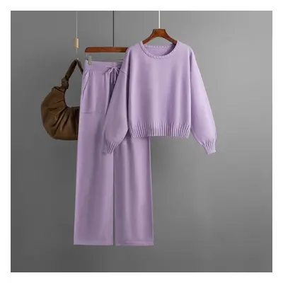 (purple, OneSize) Fall Winter Lazy Wind Loose O-neck Pullover Sweater Suit Women&apos;s Solid Co