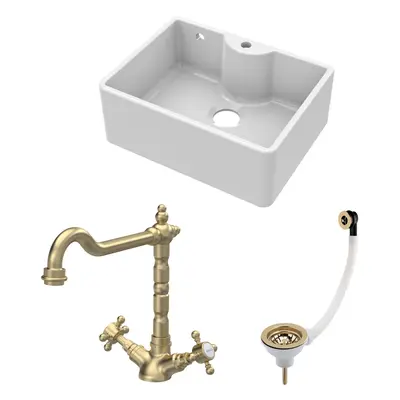 Fireclay Kitchen Bundle - Single Bowl Butler Sink with Overflow, Tap Hole, Waste & Classic Tap, 