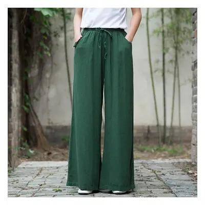 (green, M) Johnature Solid Color Wide Leg Spring New Pockets Cotton Linen Women Cloths Pants